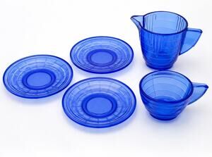 Vtg Akro Agate Cobalt Blue Childs Tea Set Cup Saucer Pitcher Creamer Glass 5 Pc